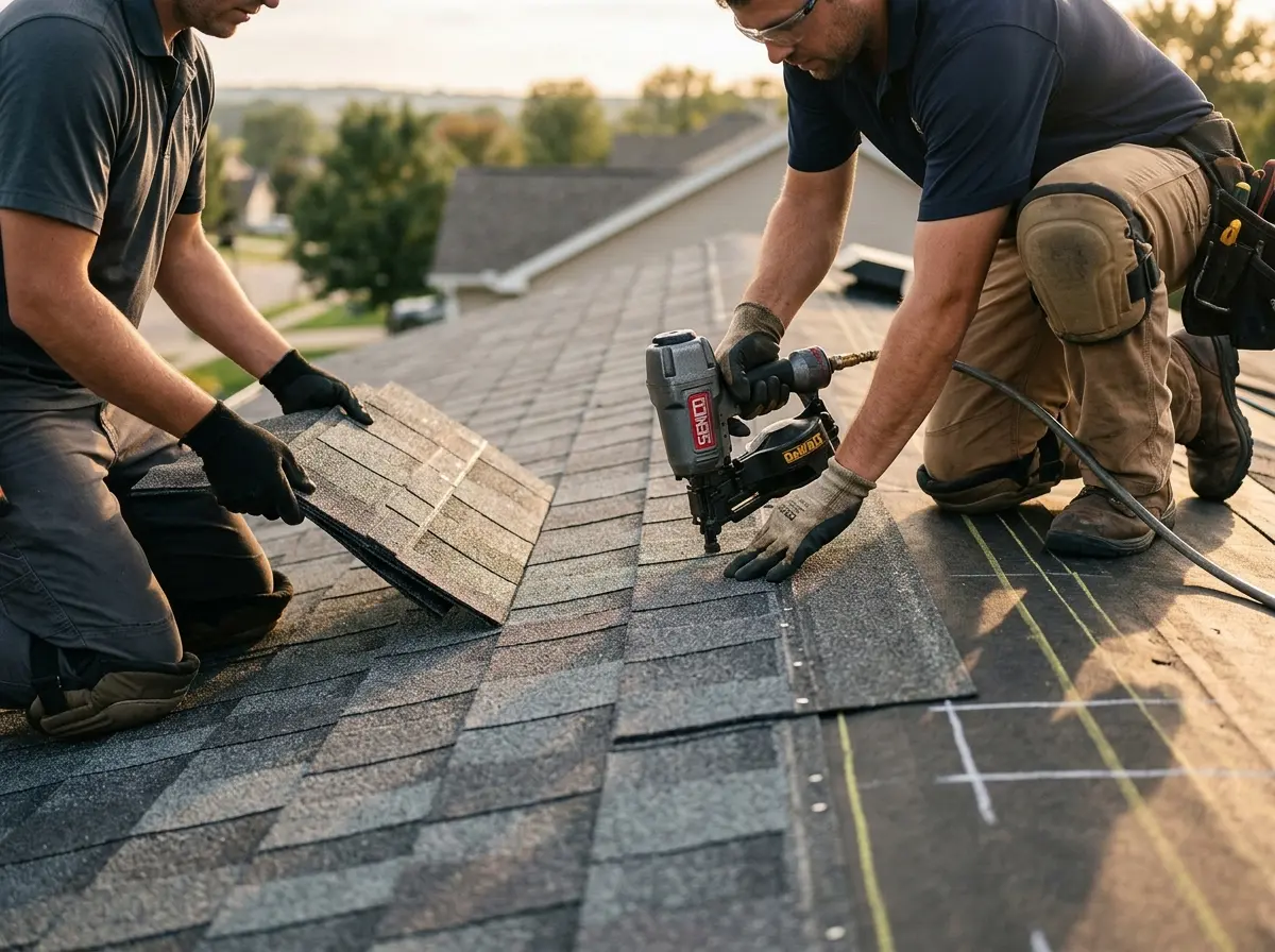 Professional roofer working on a residential roof in Piqua
